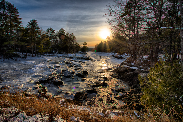 Sun setting over a frozen Back River