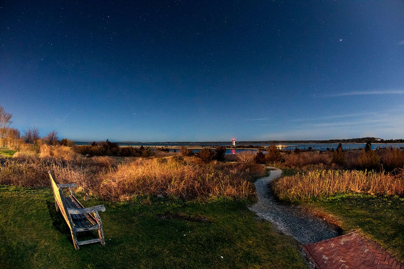 View from Harbor View Hotel showing a path towards the Edgartown Light House.